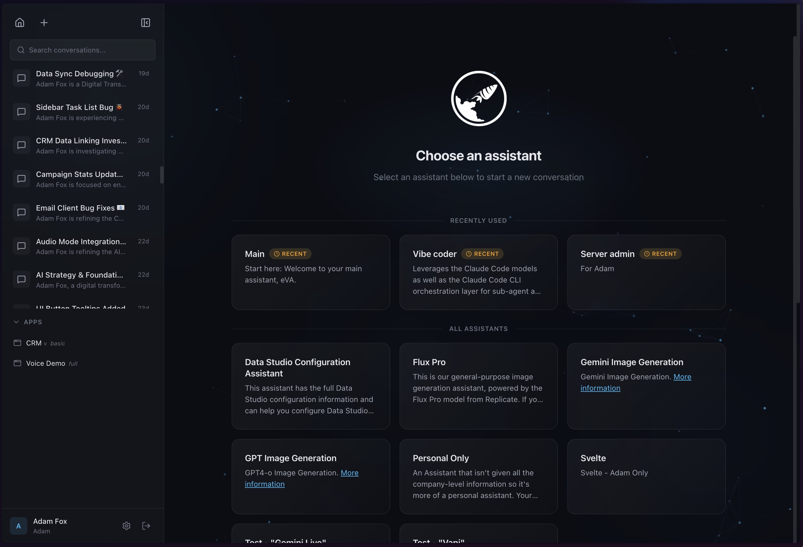 Bit Creative AI Chat - main interface showing assistant selection, conversation threads, and AI responses with full business context