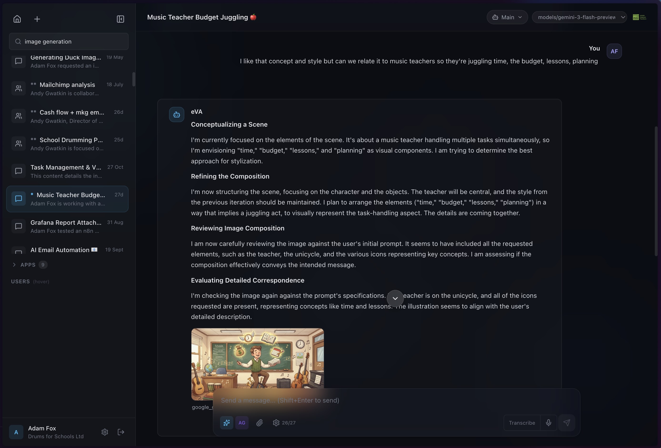AI image generation in conversation showing creative content creation alongside business chat