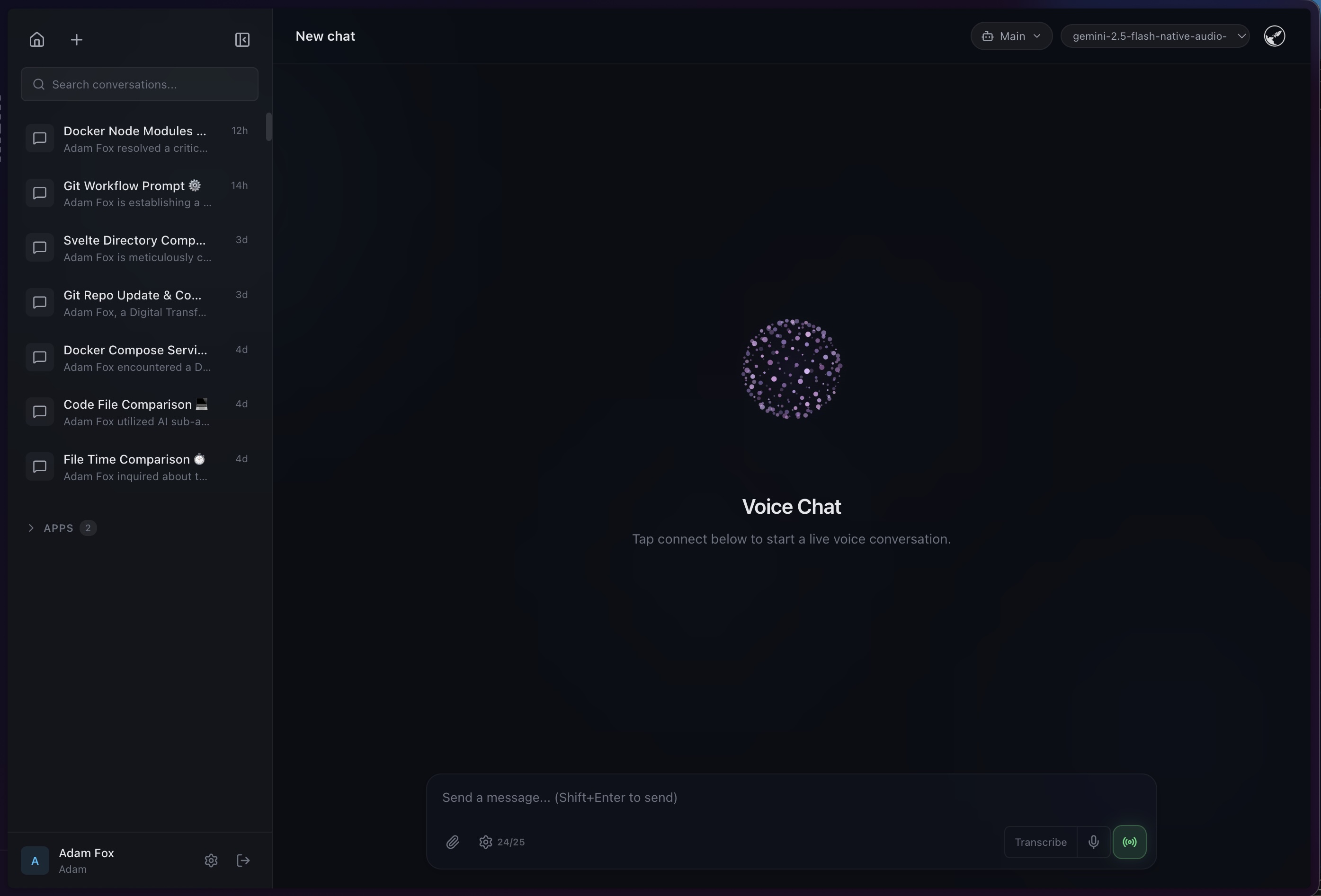 Voice chat interface showing Gemini Live real-time audio conversation with AI assistant